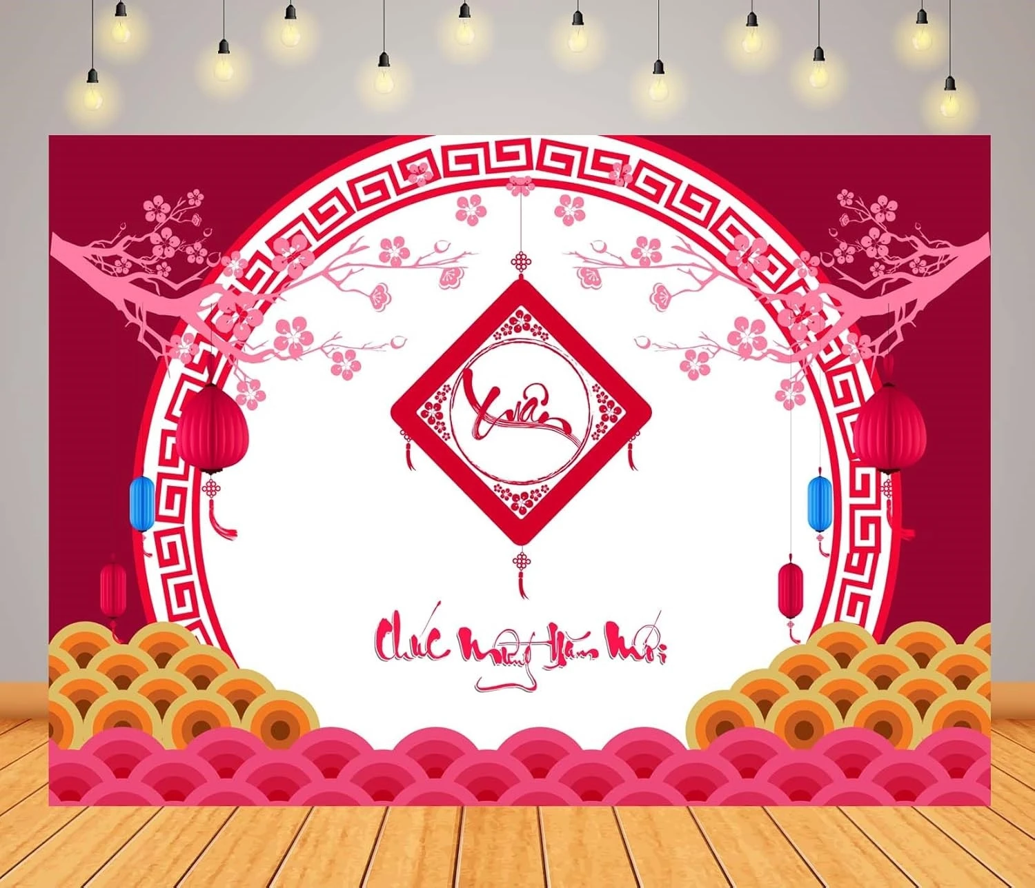 Happy Vietnamese New Year Cherry Blossoms Lanterns Lunar New Year backdrops party supplies Photography Studio Backgrounds