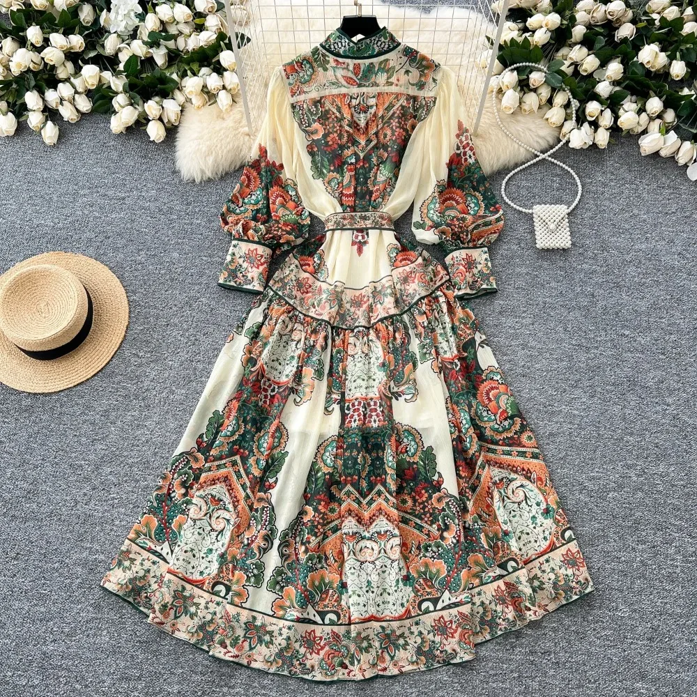 시크한 프린트 기본 스탠드 넥 슬림 싱글 브레스트 랜턴 슬리브, 레이스업 원피스 빈티지 여성 하이 스트리트 이브닝 파티 의류