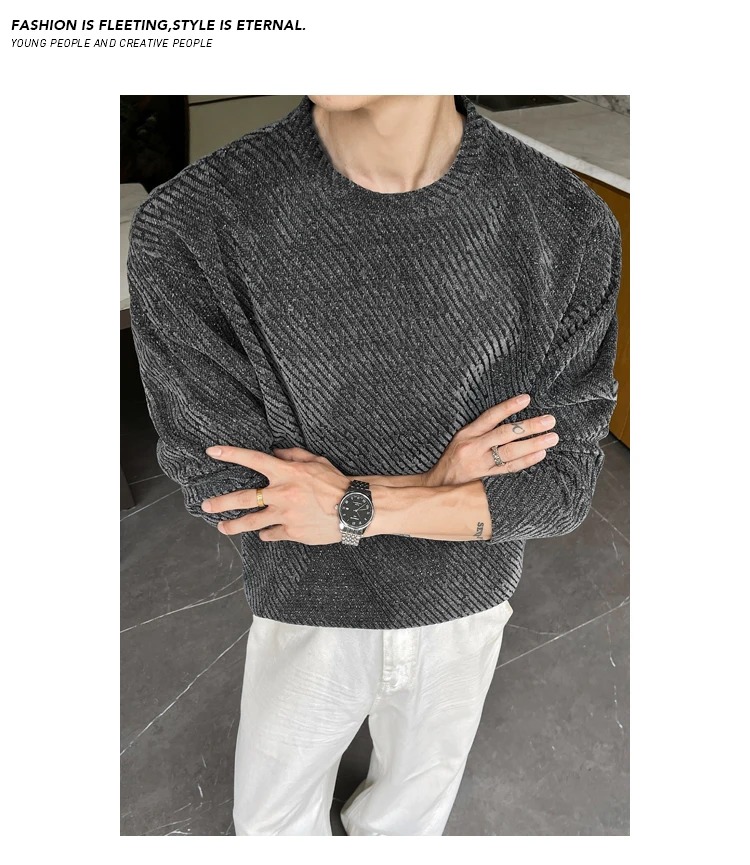 Herren-Loose-Fit-Oblique-Textur-Strickoberteil mit langen Ärmeln, Rundhalsausschnitt, luftigem Stoff für Bürofahrten und Freizeitanlässe. – Detail 24