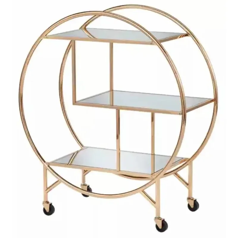 Modern Luxury Gold Metal Round frame triple glazed shelf with four wheels Movable bar cart hotel furnitures cart