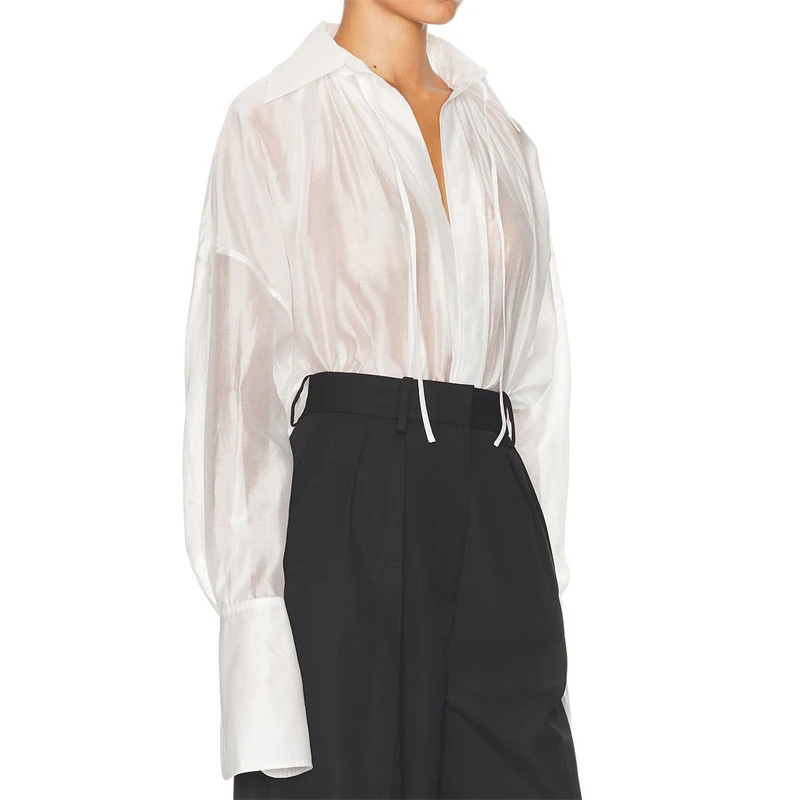 

Summer 2026 Women's Fashion Casual Shirt HighQuality Long Sleeve PleatedGathered Tie Front Loose Top Pearl Shiny Skin-friendly