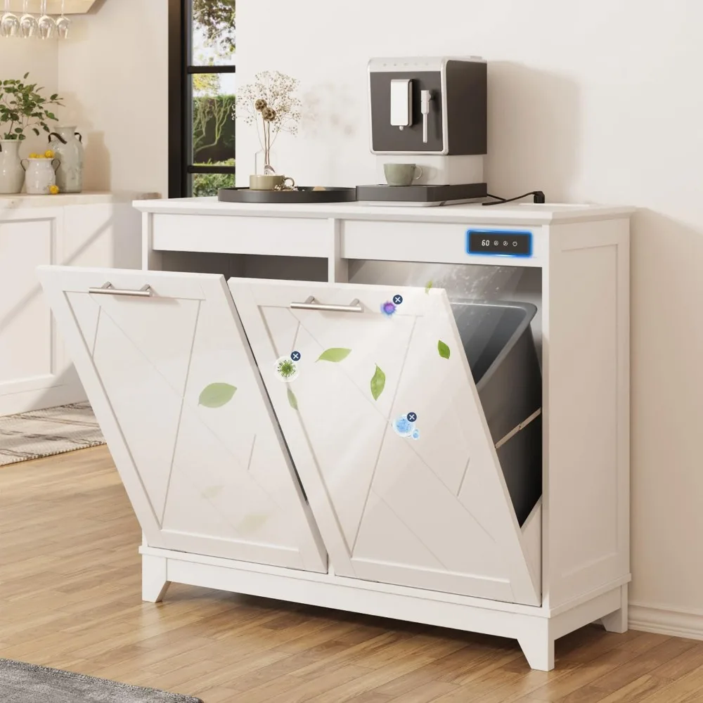 

Double Tilt Out Trash Cabinet, Free Standing 10 Gallon Recycling Trash Can Cabinet with Negative Ion and Deodorizing Function, f