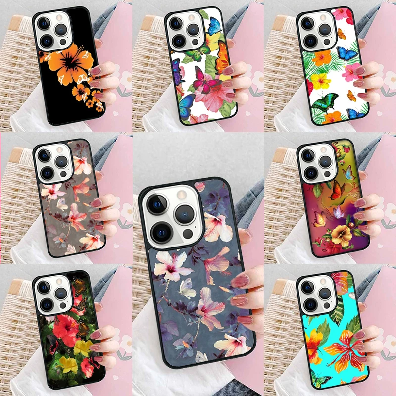 Butterflies Hibiscus Flowers Soft Phone Case Cover for iPhone 16 Promax 15 Pro 13 14 Plus 11 12 Mini XR XS MAX Coque