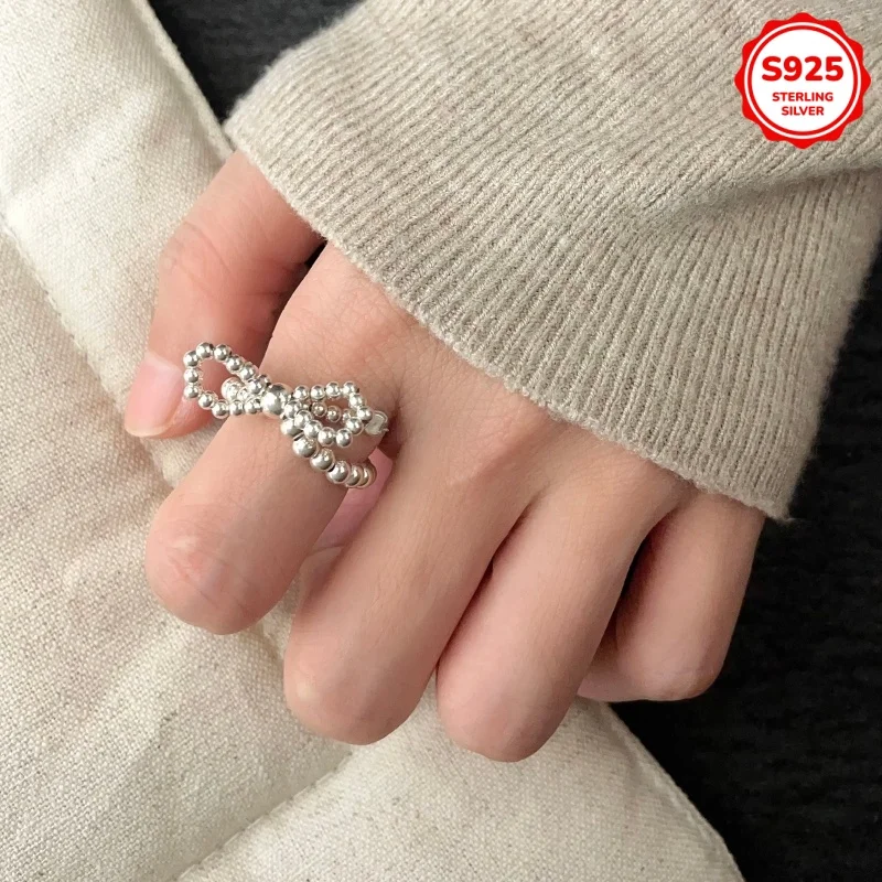 

Кольцо из стерлингового серебра 925 пробы с бантом, ручной работы, эластичное, маленькое, регулируемое, в милом и стильном дизайне, для повседневной носки, подарок на праздник для женщин