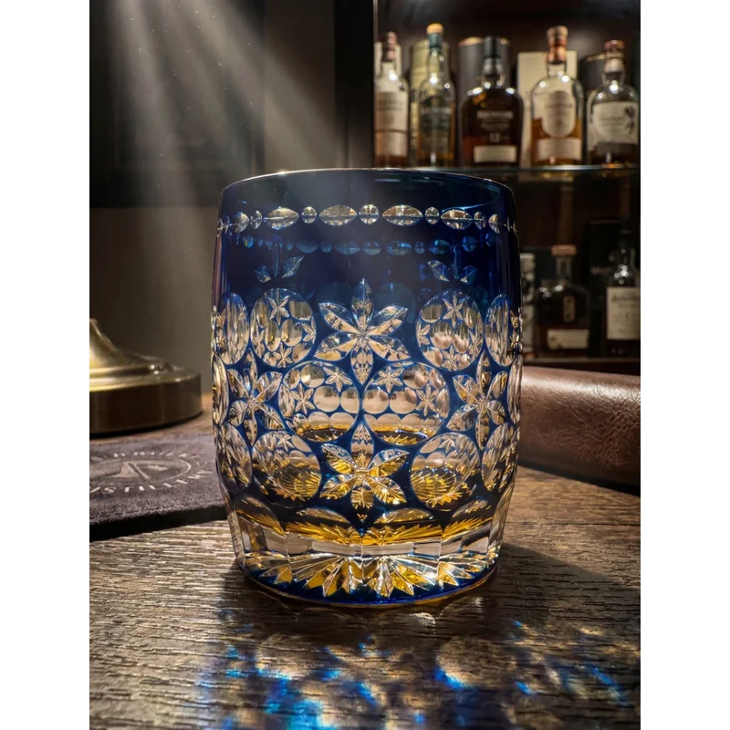 350ml Blue Crystal Rock Whiskey Glass Japanese Edo Kiriko Hand Carved Jade Dance Pattern Artwork Cup For Whisky Brandy Xo Chivas