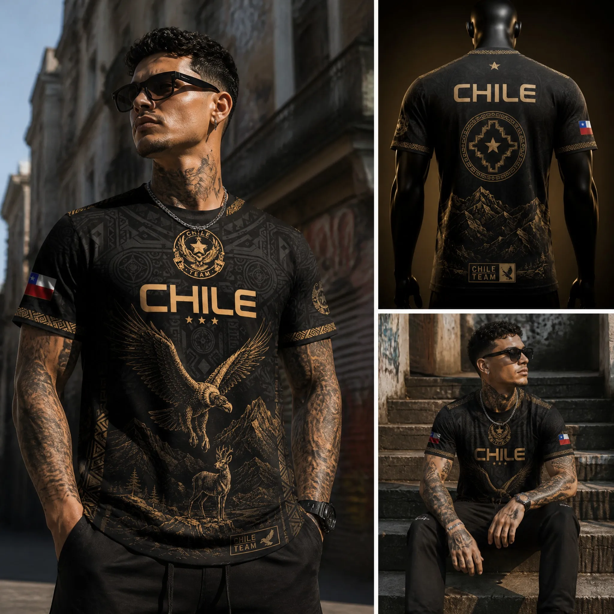 Herren-T-Shirt mit Rundhalsausschnitt, Chile, Elfenbein, Grau, Eagle Mountain-Grafik, kurze Ärmel, lässig, Streetwear, Outdoor, Team-Stil, Oberteil, Neu – Detail 3