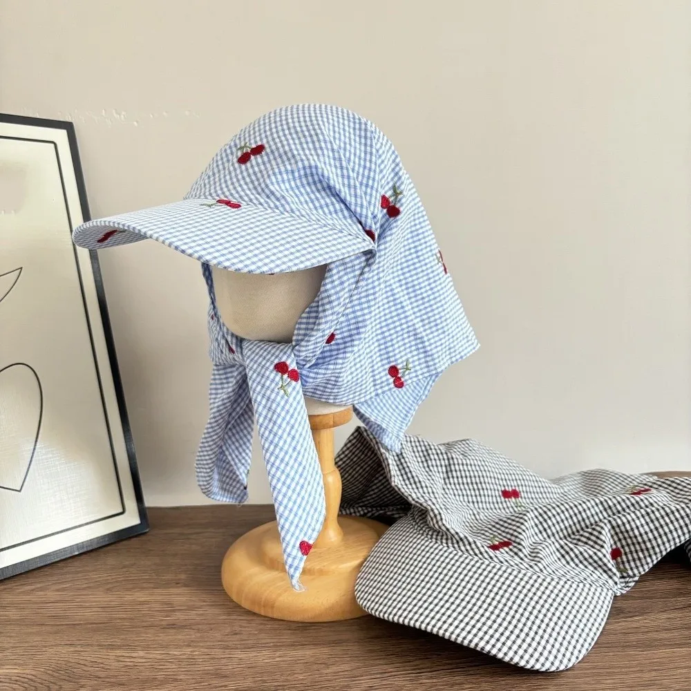

Fashion Plaid Headscarf Baseball Cap Sweet Korean Style Sunscreen Beach Hats Sunscreen Cherry Embroidered Peaked Cap Girl
