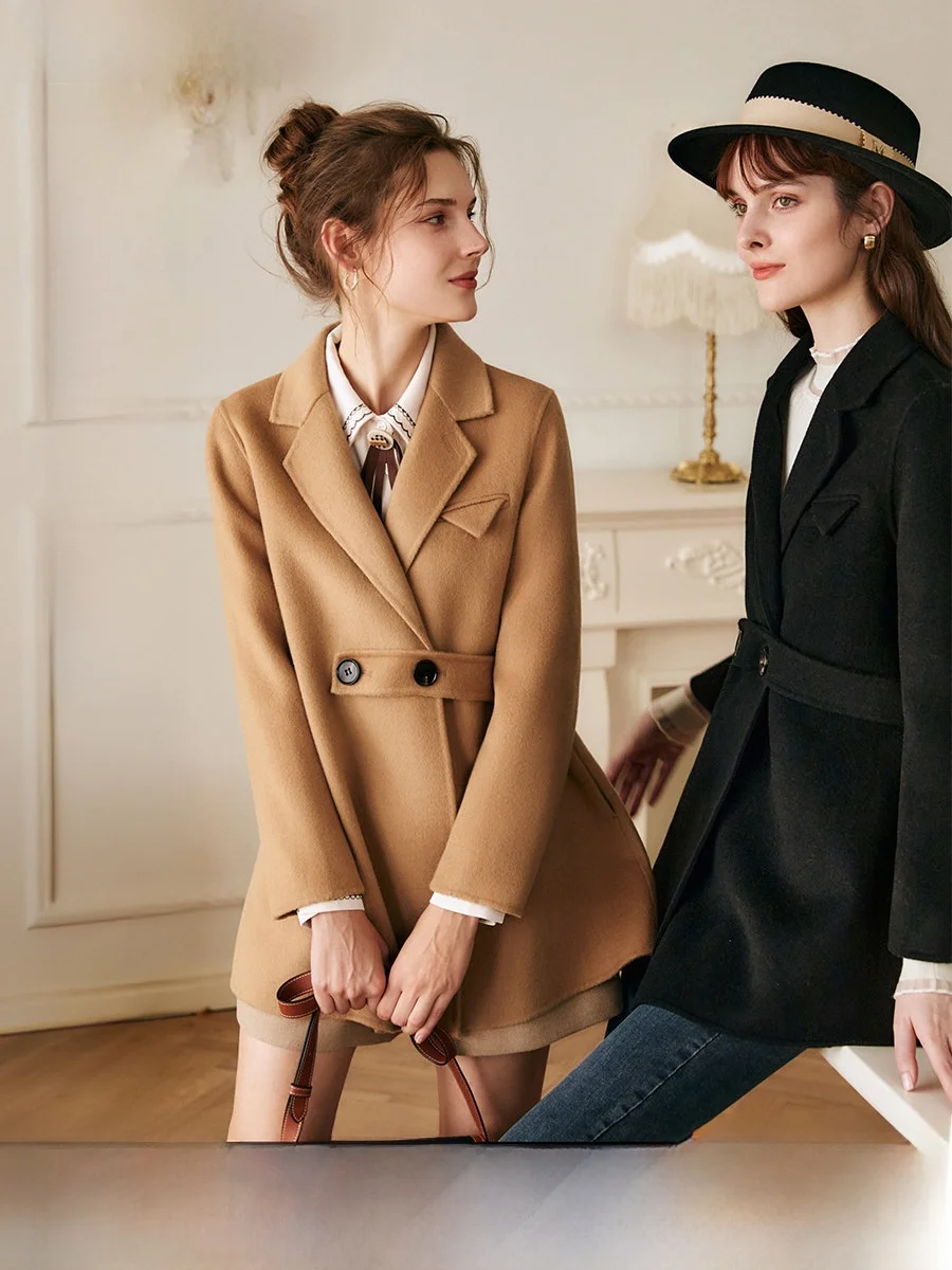 

Двустороннее шерстяное пальто женское, весна 2025, свободного кроя, маленький размер, средней длины, с отложным воротником, модное, для повседневной носки, верхняя одежда