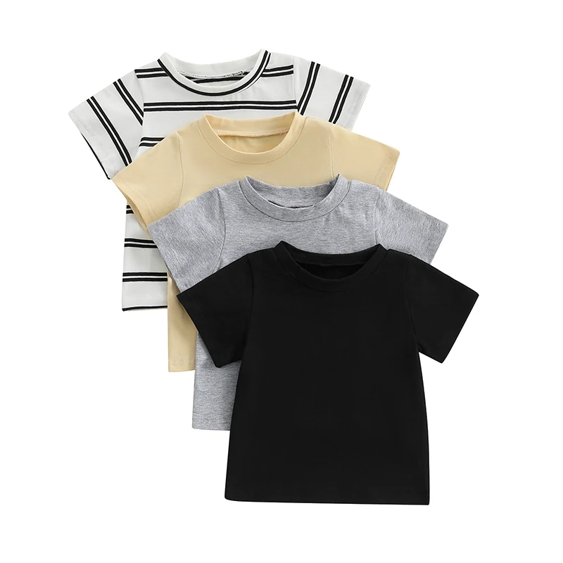 

Toddler Baby Summer T-Shirt 4 Pcs Set Loose Fit Solid Striped Crew Neck Short Sleeve Tops