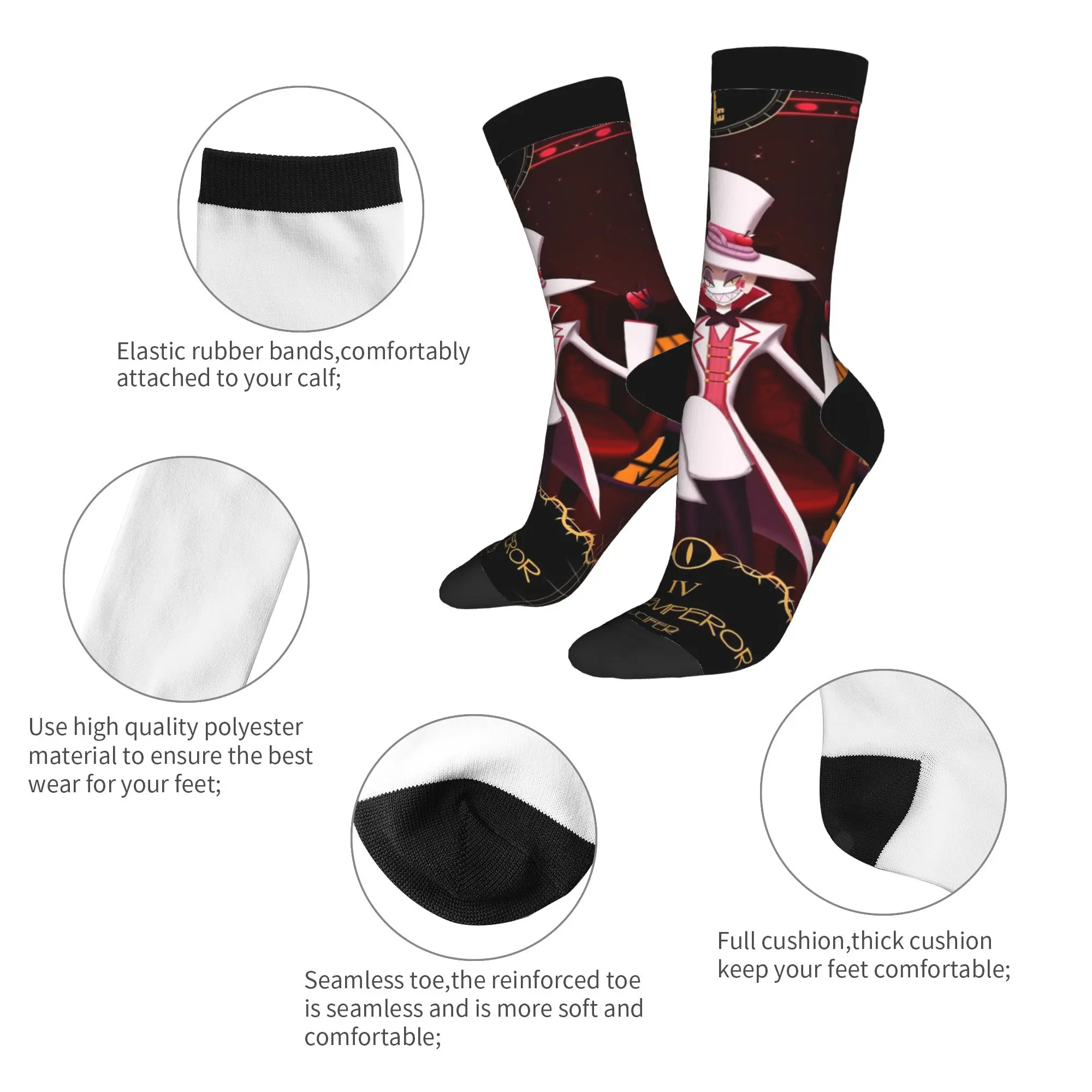 Crazy Design Hazbins Hotels Lucifer Alastor Meias de basquete Meias de poliéster para mulheres e homens respiráveis