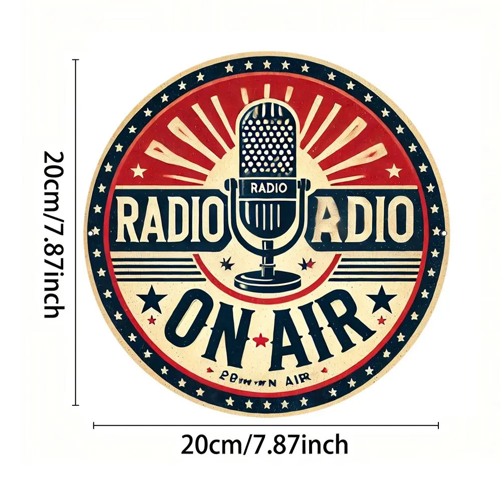 1PC Radio On Air Vintage Microphone Round Metal Tin Sign, Retro Broadcast Star Stripe Plaque, 2D Flat Wall Decor For Studio Cafe