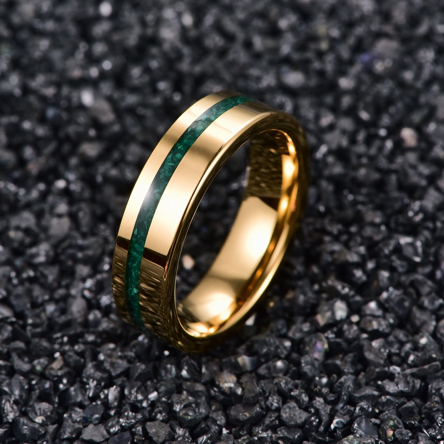 JQUEEN 6mm Gold Polished Inlaid Malachite Tungsten Steel Ring Tungsten Carbide Ring Men's Fashion Wedding Jewelry Best Gift