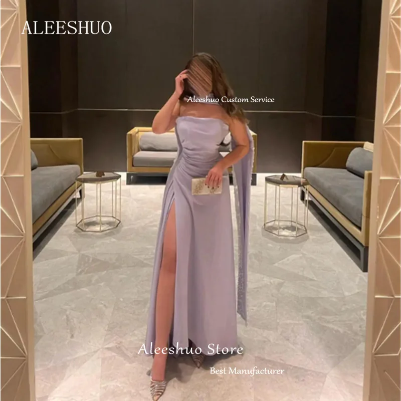 Aleeshuo Modern Satin Prom Dress Strapless Party Dresses Sexy High Split Gowns Sleeveless Pleated Prom Party Dress вечерние пл