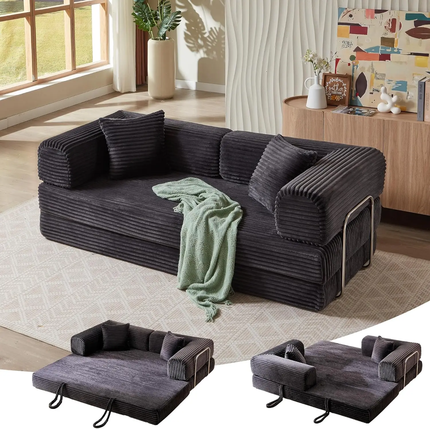 

81 Inch Convertible Futon Sofa Bed,Fold Out Floor Sofa Couch with Fixed-Shape Frame,Corduroy Foldable Mattress Pull-Out Couches