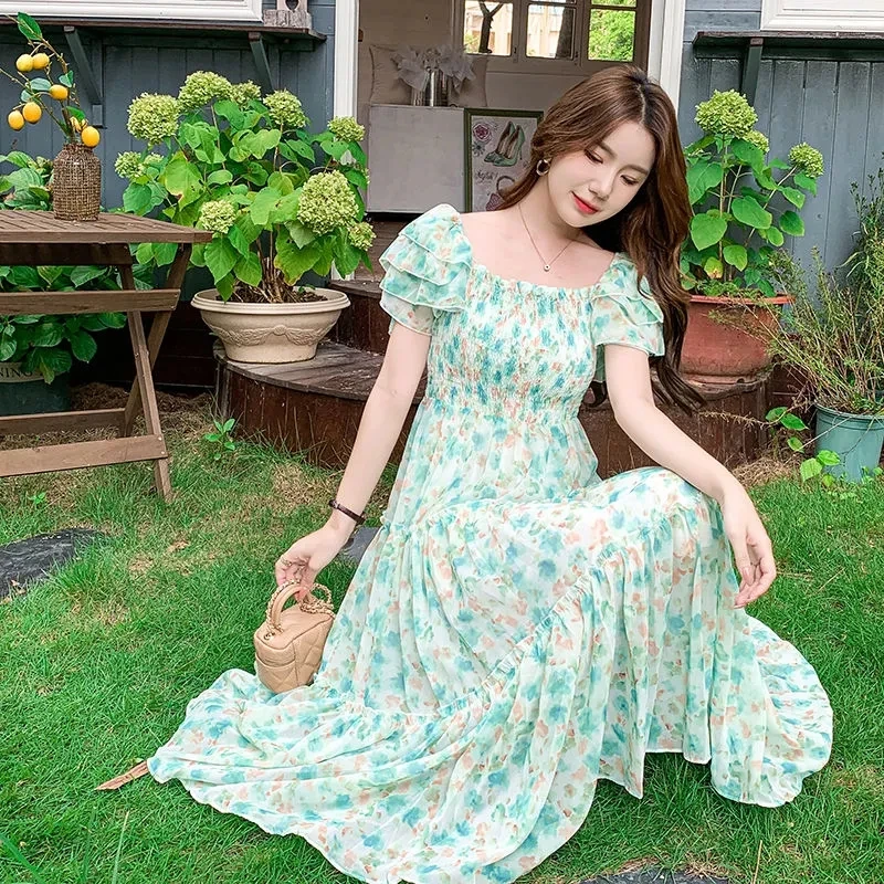 2024 Summer Women Dress Bohemian Floral Pleated Chiffon Dress Vintage Puff Sleeve Printed Draped Midi Beach Dresses Vestidos