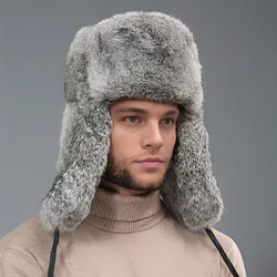 Winter Russische Man Vrouw Hele Huid Konijnenbont Hoeden Luxe Huid Lederen Pet Bont Bommenwerper Hoed Ushanka Hoeden