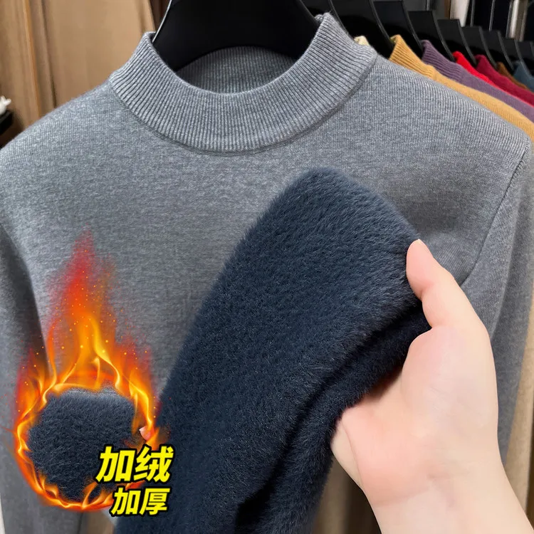

Мужской джемпер на флисовой подкладке, зима 2025 г., толстая двухслойная одежда, мужской эластичный теплый свитер с круглым вырезом, пуловер, бархатные топы