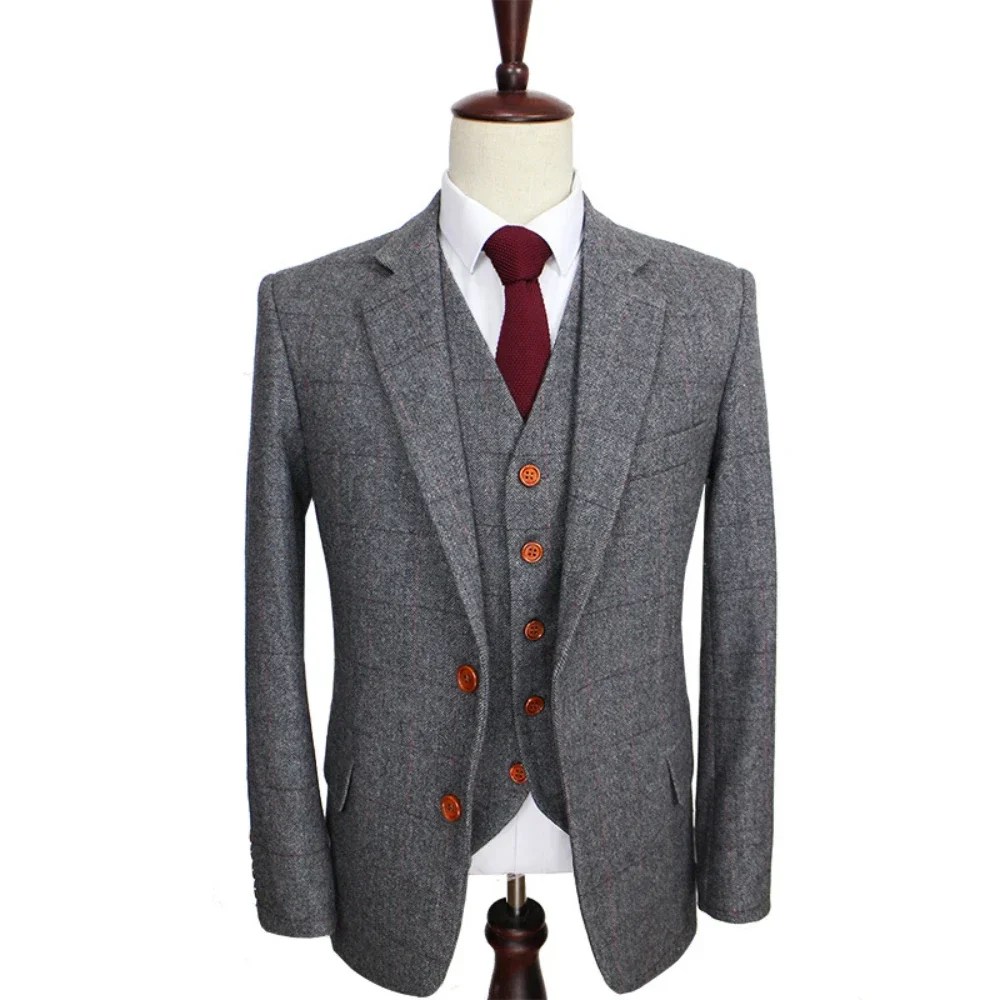 Wool Grey Formal Suits For Men British Style Wedding Slim Fit Groom Tuxedo Herringbone Tweed 3 Pcs (Jacket + Pants + Vest)