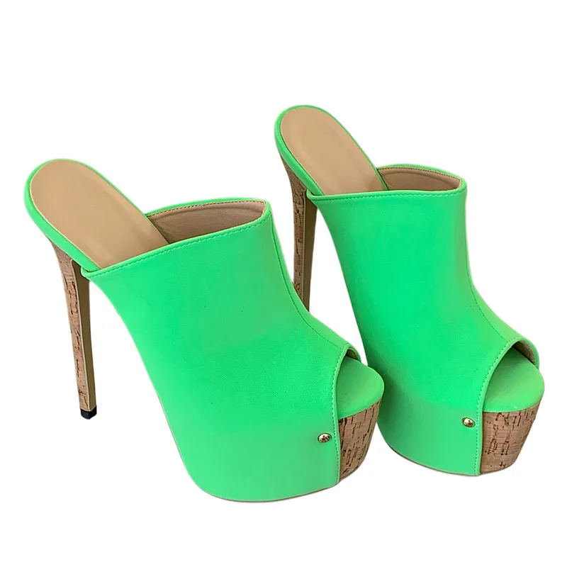 Purcoral 2026 Women Fluorescent Green Peep Toe Slippers Cork Grain Platform Stiletto High Heel Backless Slides  Ladies Shoes view 6
