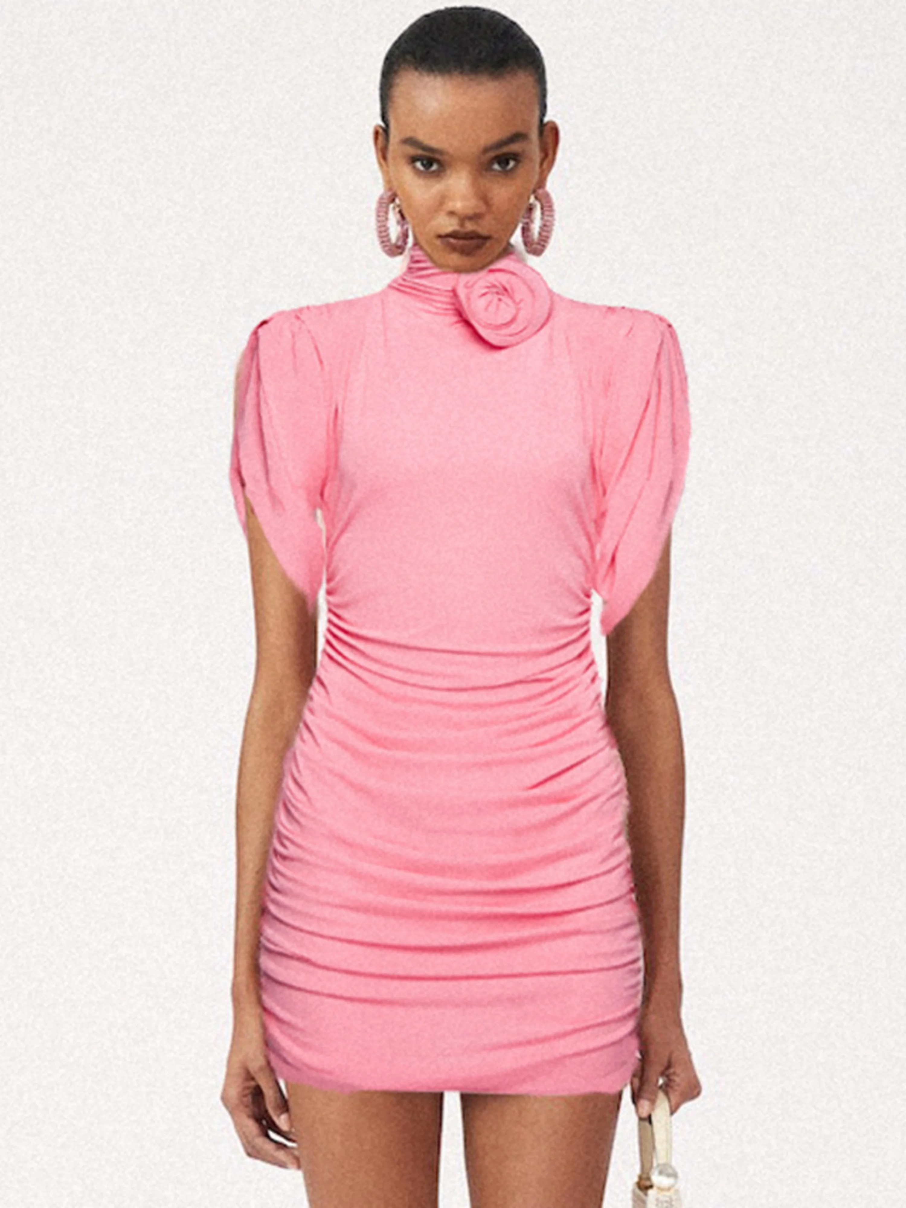 

Women Pink Turtleneck Floral Ruched Puff Sleeve Bodycon Mini Dress Stylish Evening Party Gowns Birthday Wedding Guest Dresses