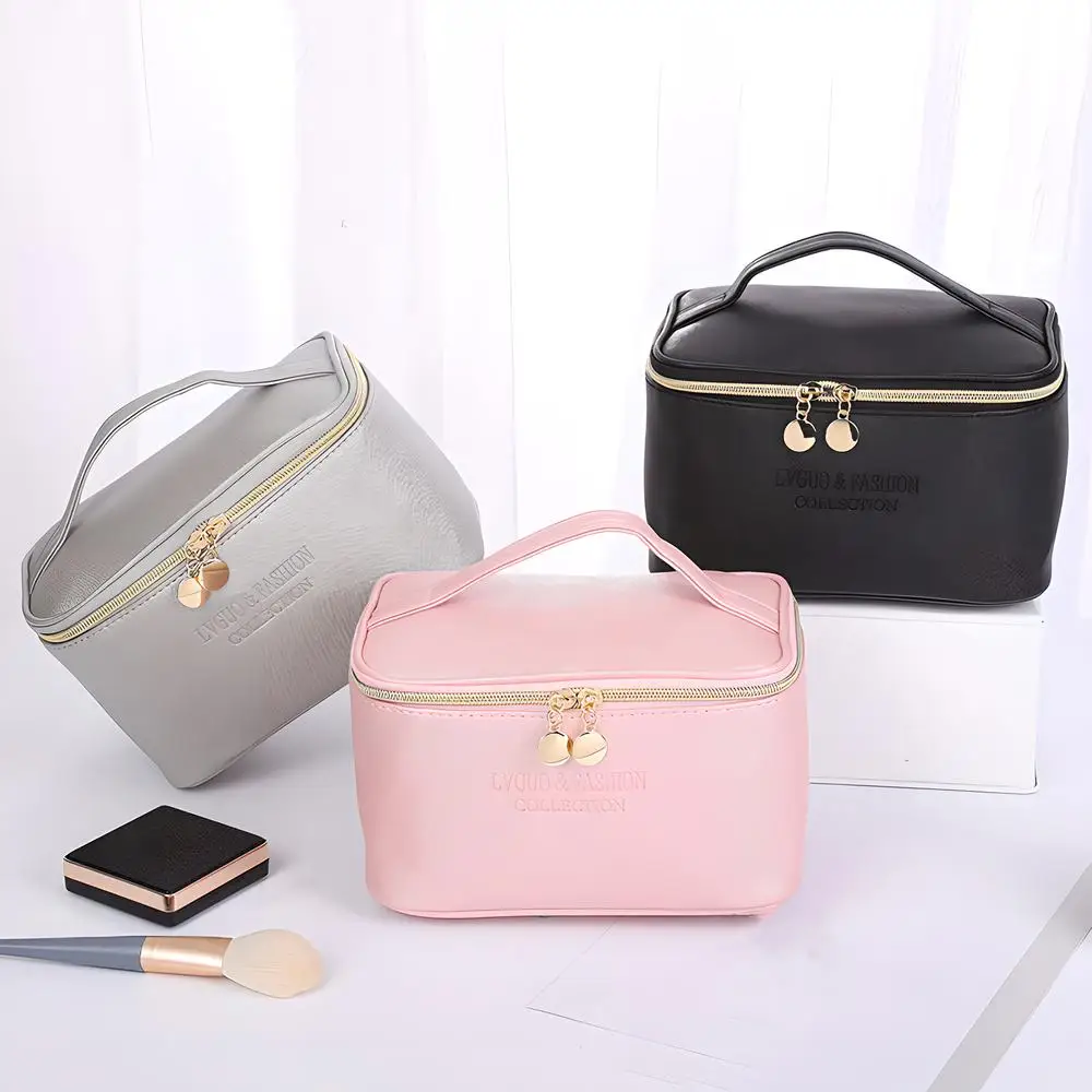 

Solid Color Fashionable Minimalist Cosmetic Bag Zipper Sealing PU Leather Waterproof Handbag Travel Supply Organize Storage Bag