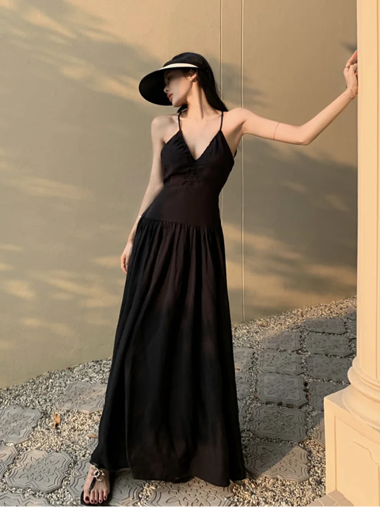 

Summer Dresses Korean Chic Simple Casual Women's Dresses Elegant Sleeveless Solid Color Sexy Backless Camisole Midi Long Dresses