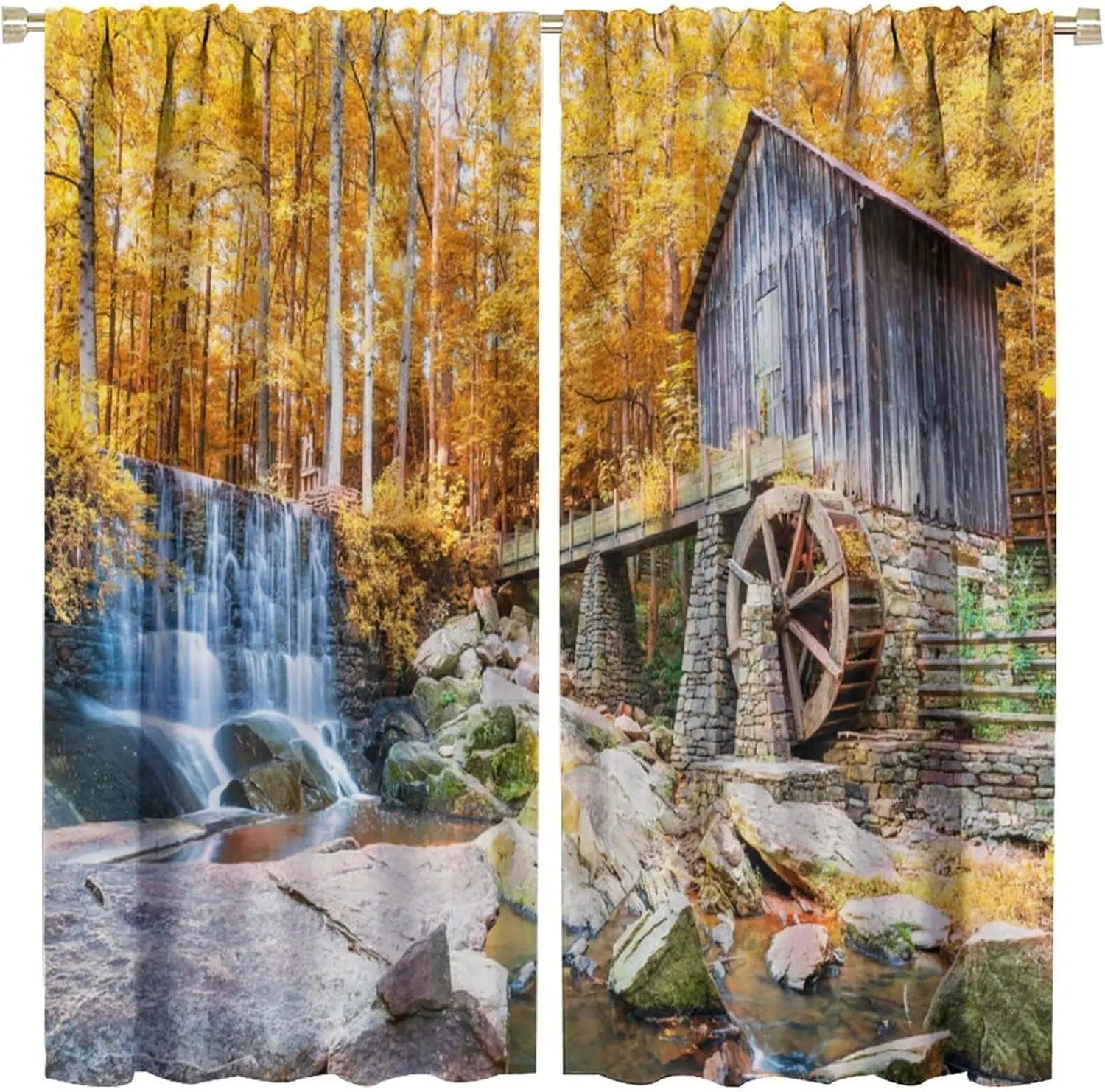 Waterfall Curtains, Fall Season Image of Historical Water Mill and Waterfall Outdoor Nature Art Thermal Insulated Room 2 Panels