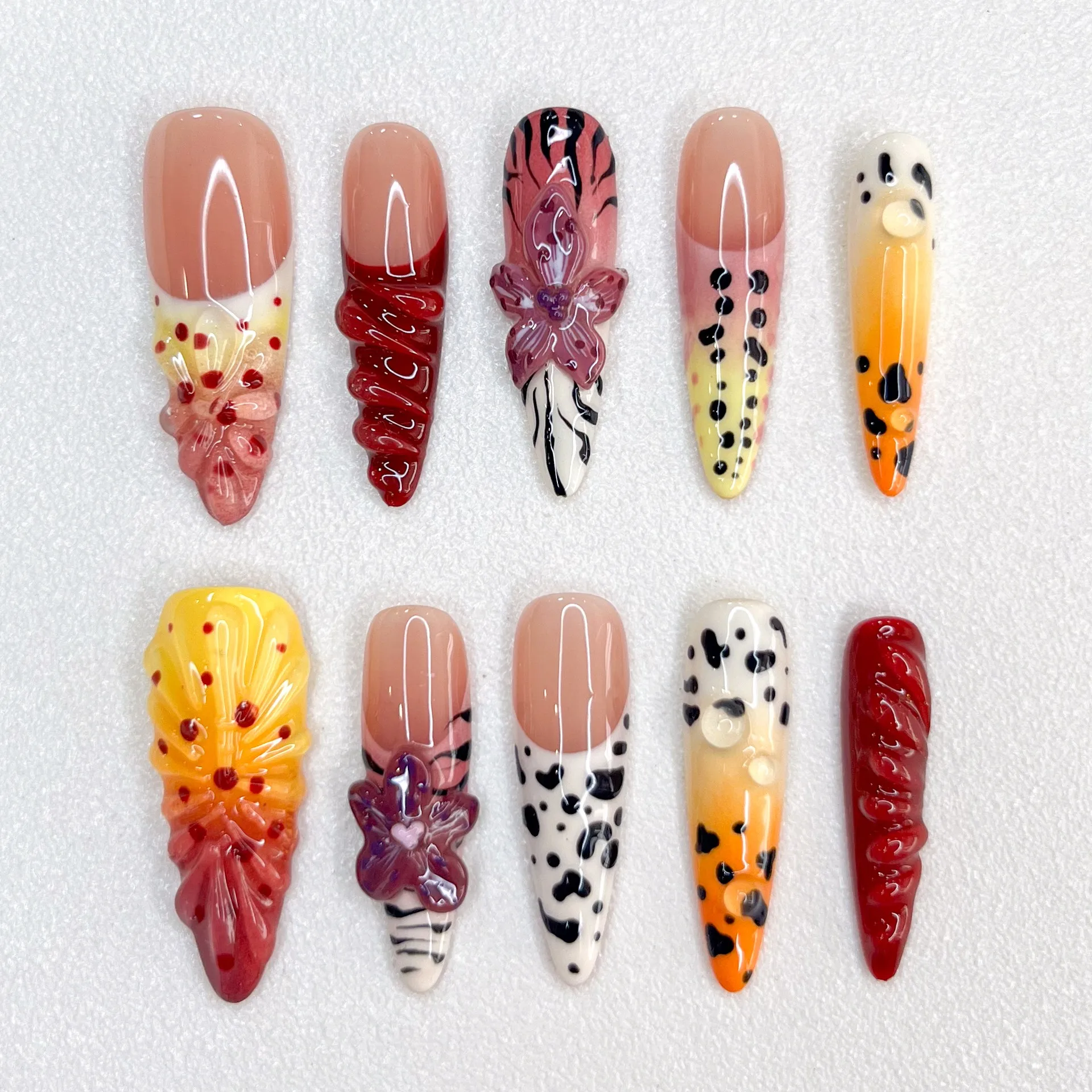 New Handmade Bright Style Nail Art Engraving Design Relief 3D Fake Nails Long Press on Nail Female Nail Ornament