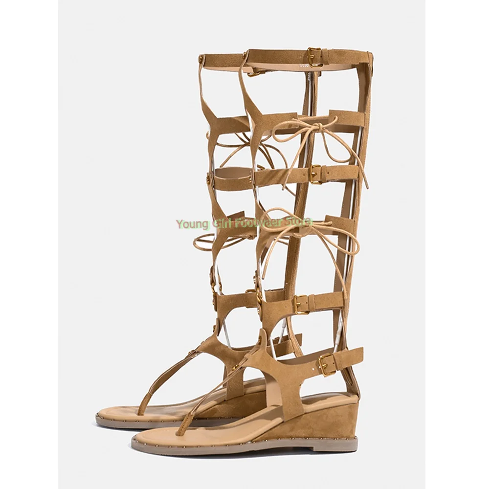 

Yellow Hollow-Out Sandals, Split-Toe Women's Sandals, Bow-Tie Strap Boots, Wedge-Heeled Sandals, Stud Decoration, New Styles