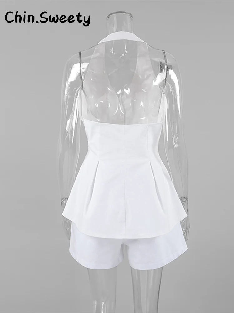 Casual halter plissado camisa shorts define feminino sólido sem mangas único breasted topos cintura baixa curto 2025 verão senhora streetwear