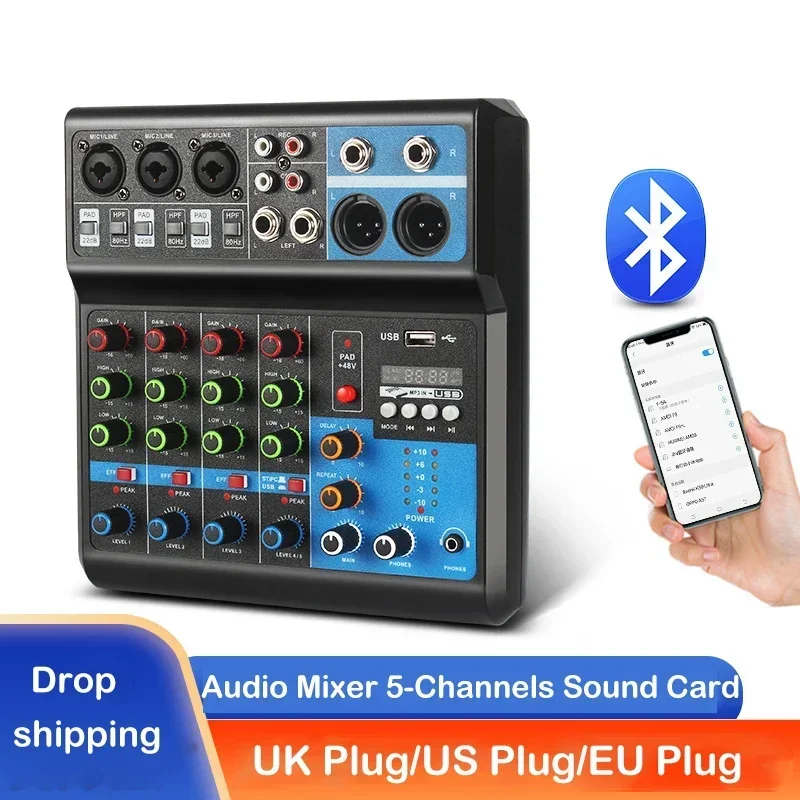 HD Audio 5 Channel Sound Video Mixer Professional Portable Console Computer Input 48V Power Live Broadcast A5 Sounds Mixers Kit