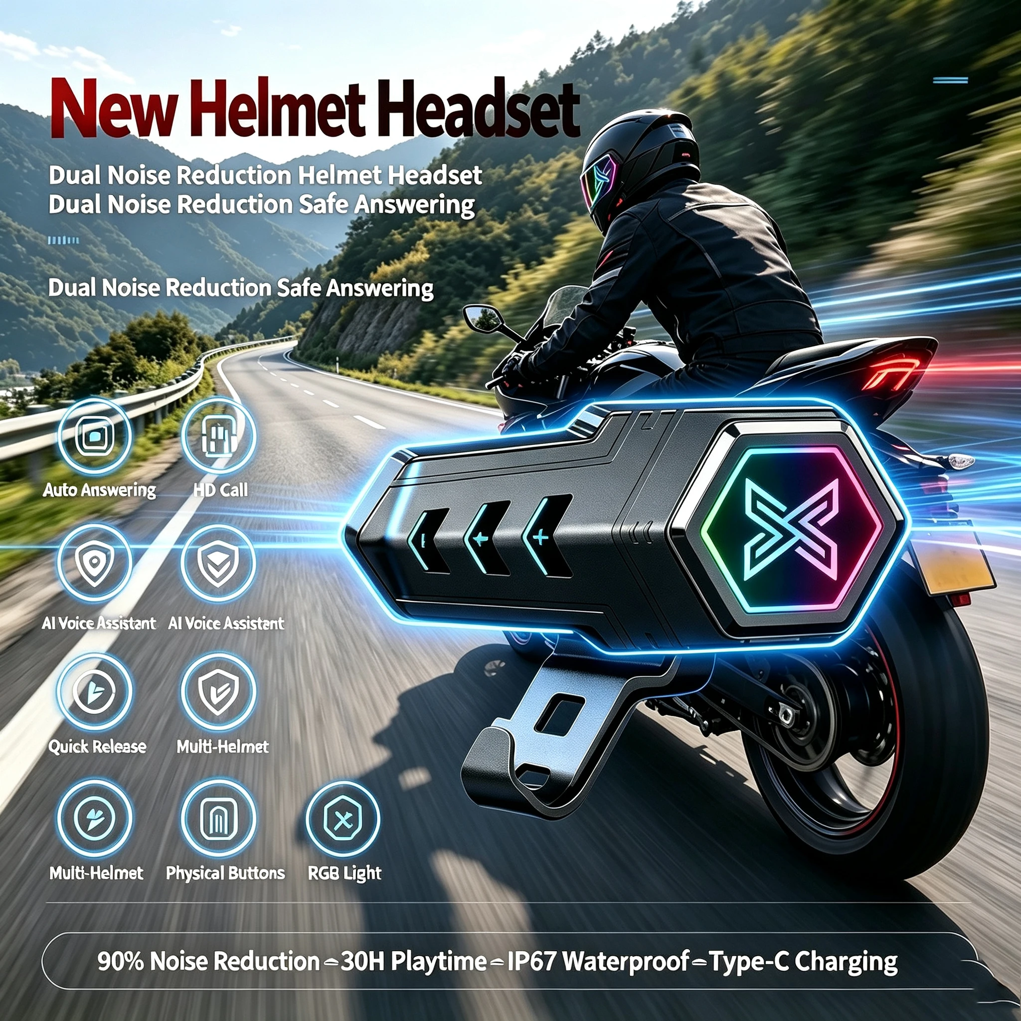 X20 Motorcycle Helmet Bluetooth Headset, Bluetooth 5.3 Stereo with LED Light, Outdoor Dustproof Waterproof for Moto