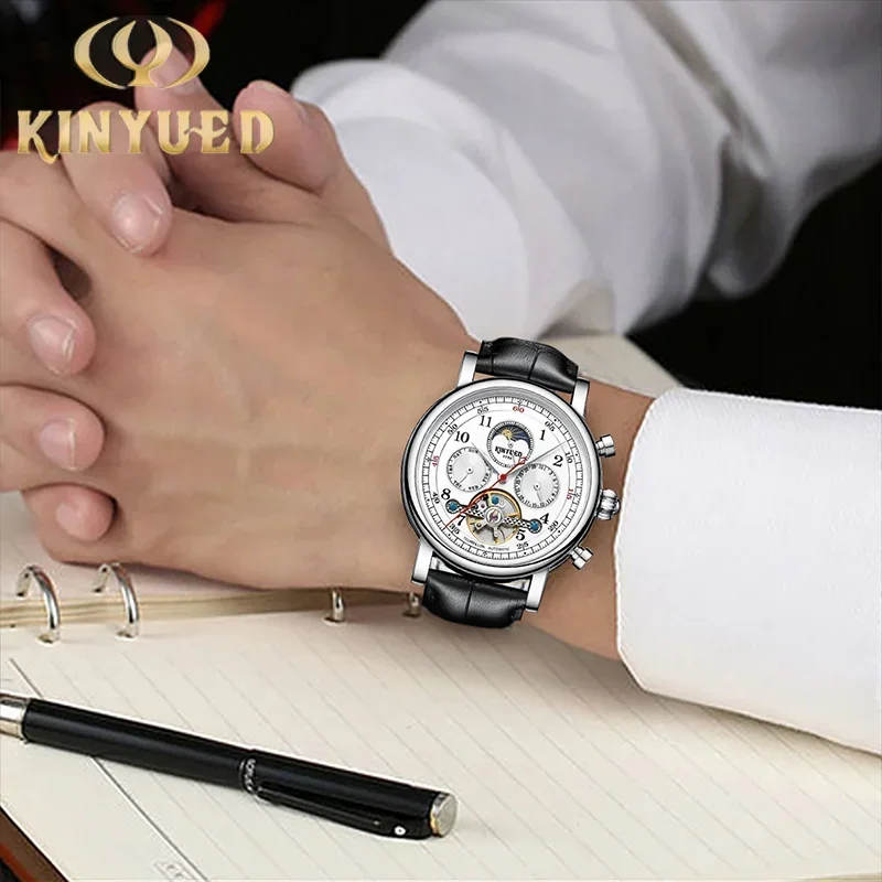 KINYUED Luxury Men‘s Watches Automatic Mechanical Moon Phase Watch for Men Hollow Design Leather Strap Male Business Wristwatch