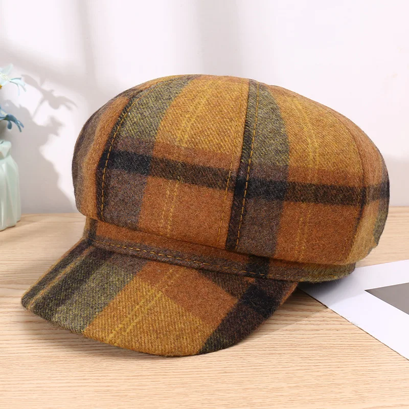 Autumn And Winter New Woolen Octagonal Hat Color Matching Plaid Fashion Art Beret Painter Hat Retro Grace Men\'s And Women\'s Cap