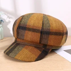 Autumn And Winter New Woolen Octagonal Hat Color Matching Plaid Fashion Art Beret Painter Hat Retro Grace Men's And Women's Cap