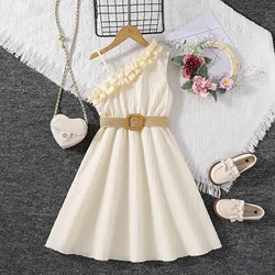 2024 New Summer Girls Dress Long Length Elegant Teenager Girl Clothes Beach Sundress With Belt Strap Ruffles Kid Outfit Children