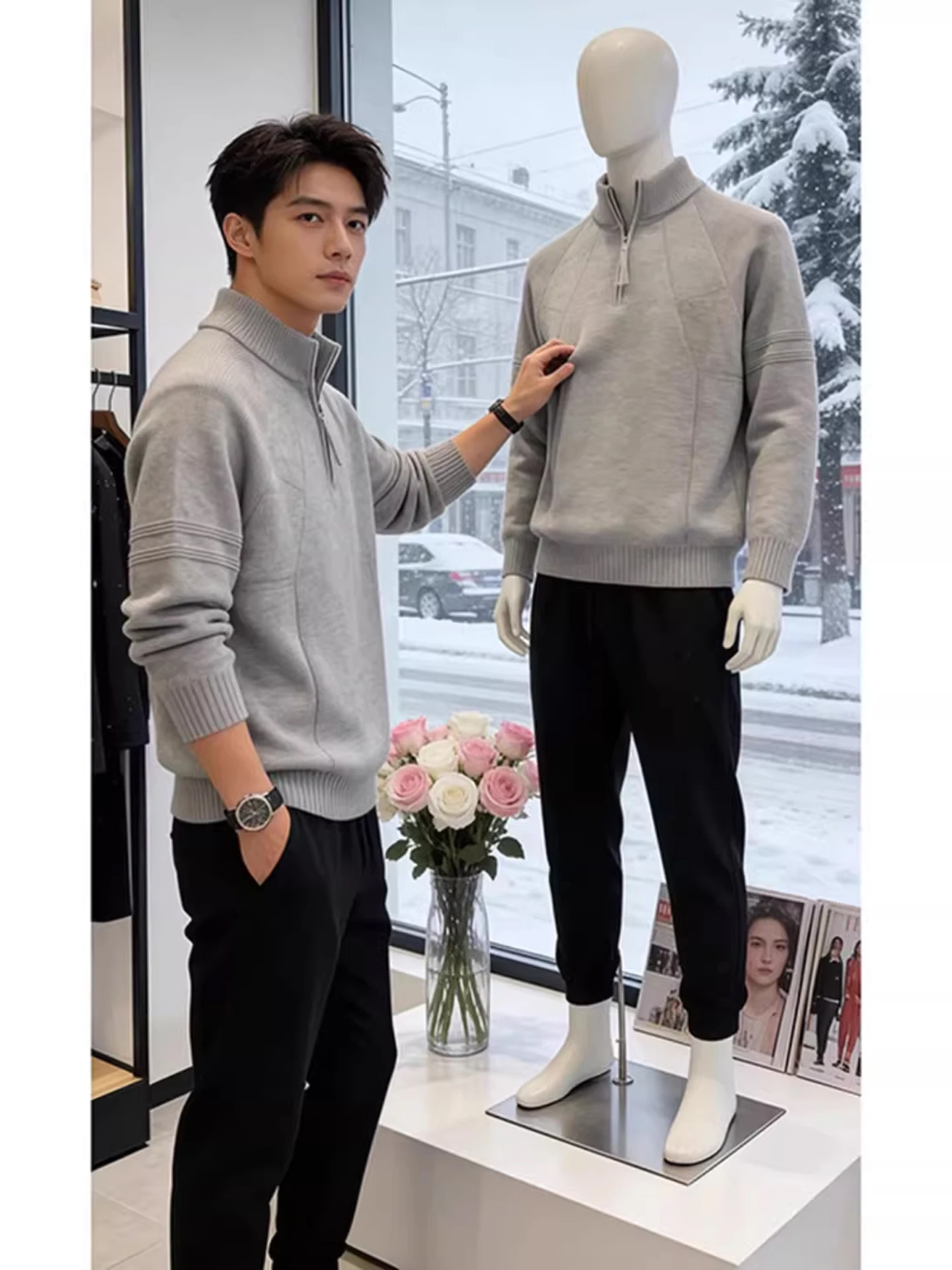 

Мужской зимний свитер с воротником-стойкой на молнии, вязаный внутренний слой, повседневный свитер из полиэфирного волокна, длинный свеч, стандартная посадка