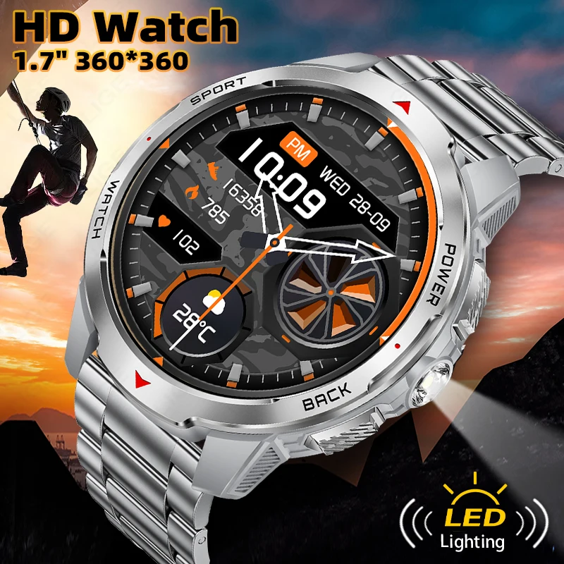 

2025 Новые Смарт-часы для мужчин, 1100 мАч, большой аккумулятор, компас, светодиодный фонарик, уличные часы, 3 атм, водонепроницаемые, Bluetooth, умные часы с вызовом