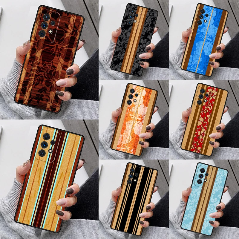 Hawaiian Faux Wood Surfboard Phone Case For Samsung Galaxy S23 S21 S20 FE S24 S22 Ultra Note20 S10 S9 Plus A40 A52 A12 A13 A53