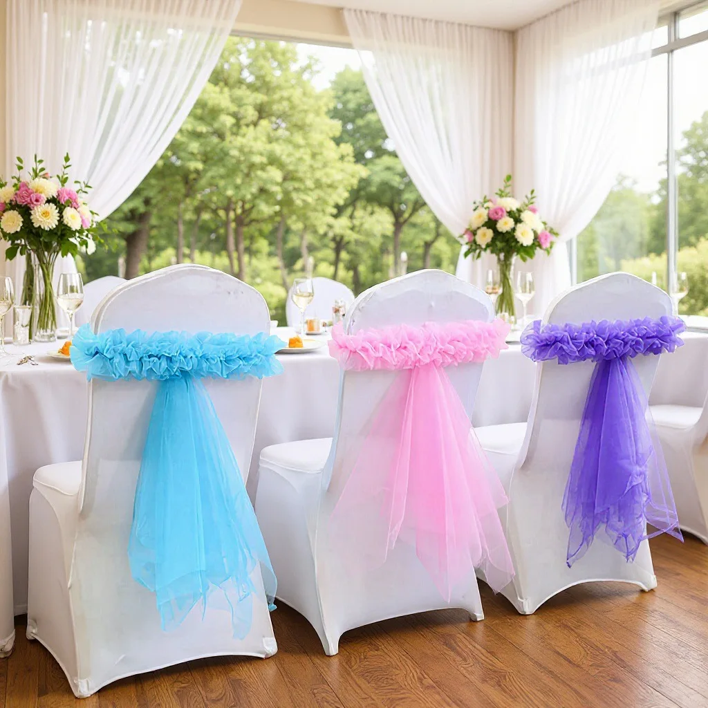Tulle Ribbons Chair Sash Elastic Spandex Band Bow Tie for Luxury Weddings Chairs Decoration Rosette Chair Sashes for Event Party