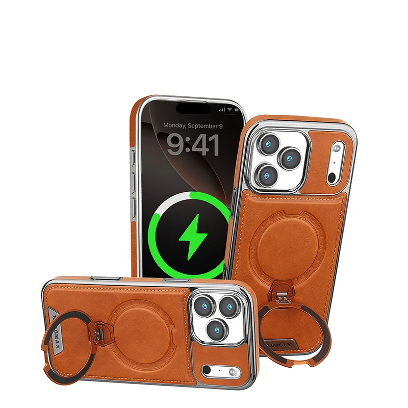

Luxury Magnetic Stand Ring PU Leather Phone Case For iPhone 17Air 17 16 15 14 Pro Max For Magsafe Wireless Charging Logo Cover
