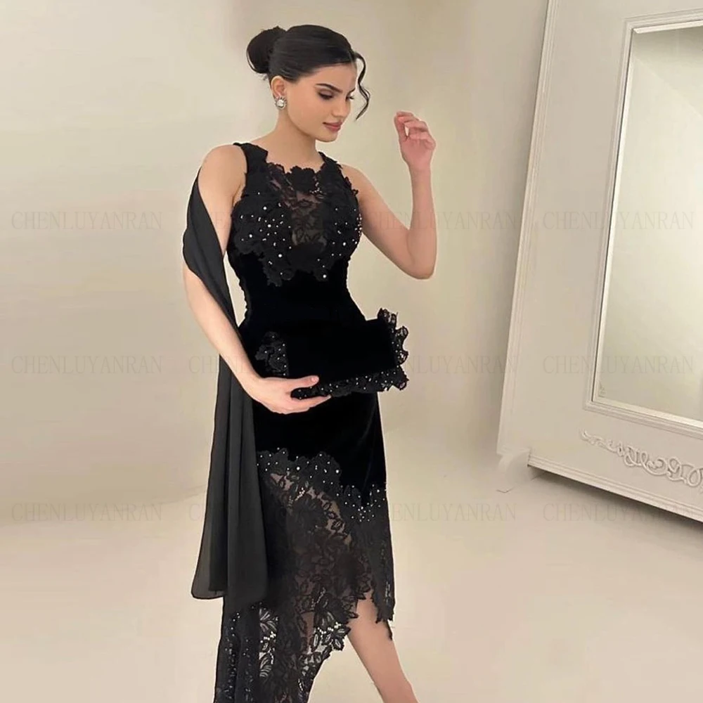 Black Mermaid Formal Occasion Dresses 2023 Velour Lace Sexy Ball Gowns With Shawl Short Evening Party Gowns فساتين الحفلات