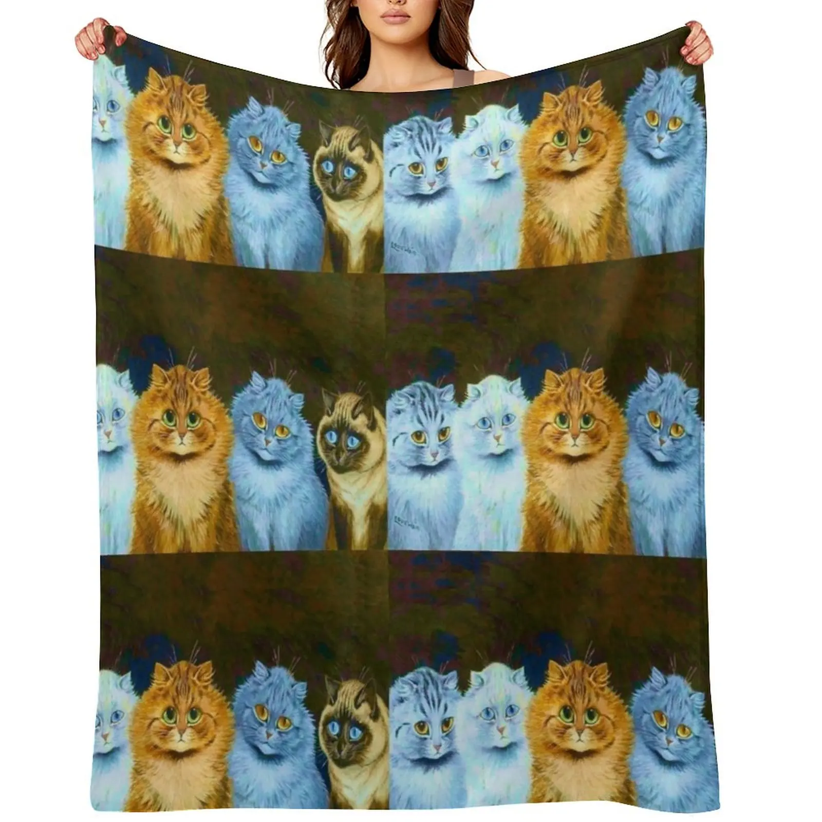 

Louis Wain 'Five Big Eyed Cats' Cat Painting Victorian Throw Blanket wednesday Tourist Quilt Retros Blankets