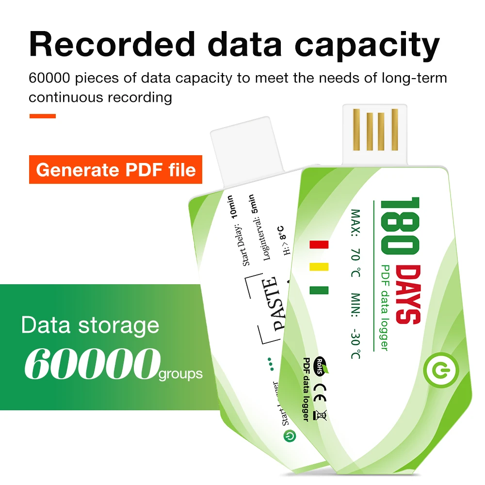 Disposable USB Temperature Data Recorder 180-Day Working Time, PDF Export LED Temp Alarm Data Logger for Cold Chain Transport