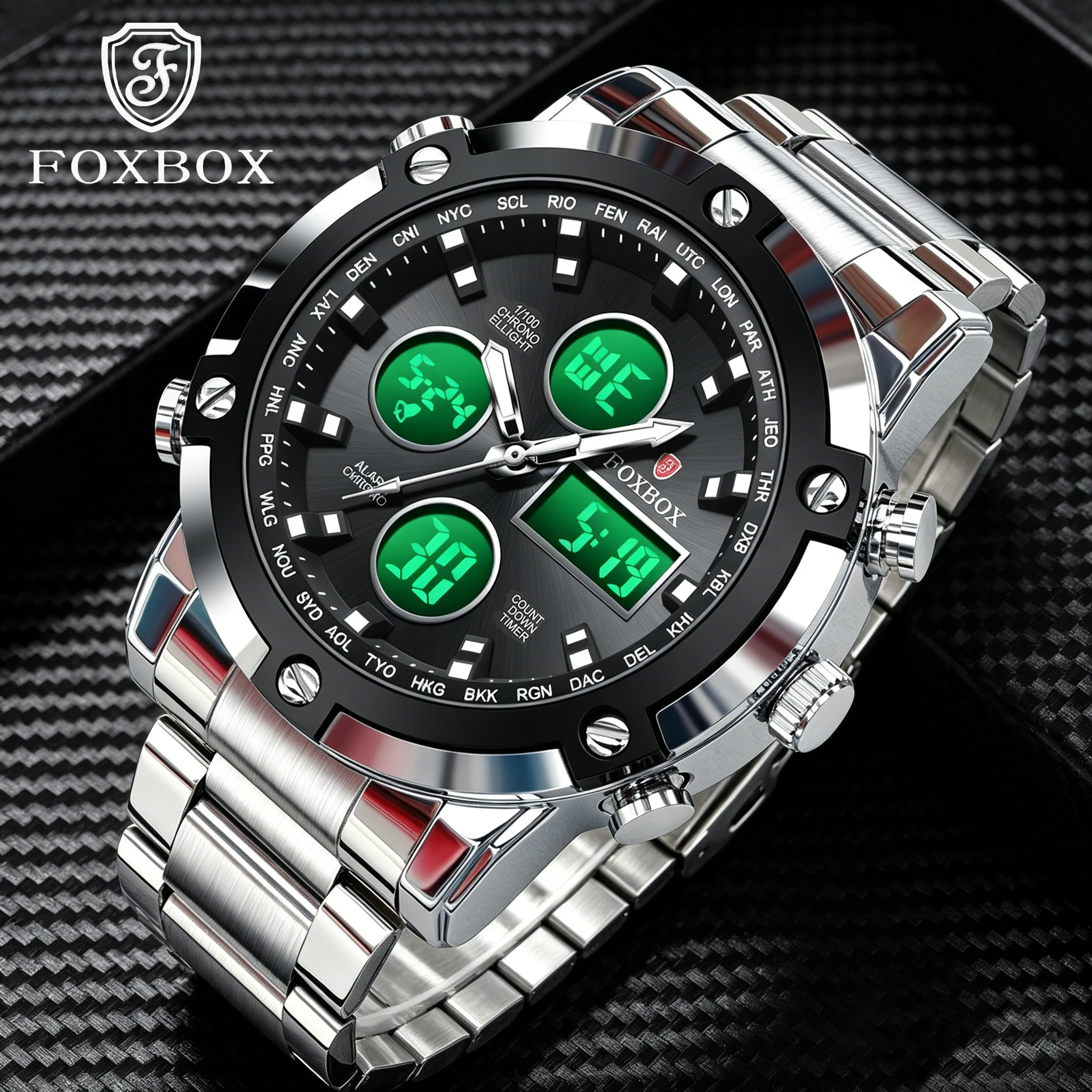 

FOXBOX 2026 Men's Digital Watch Stainless Steel Band Waterproof Sports Military Wristwatch with LED Light watches for men reloj