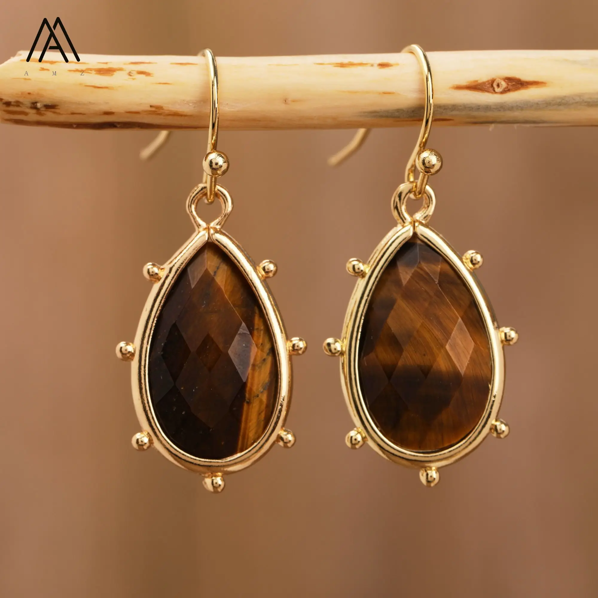 Teardrop Earrings Natural Gemstones Lapis Tiger\'s Eye Gold Pendant Women Hook Earring Fashion Gifts