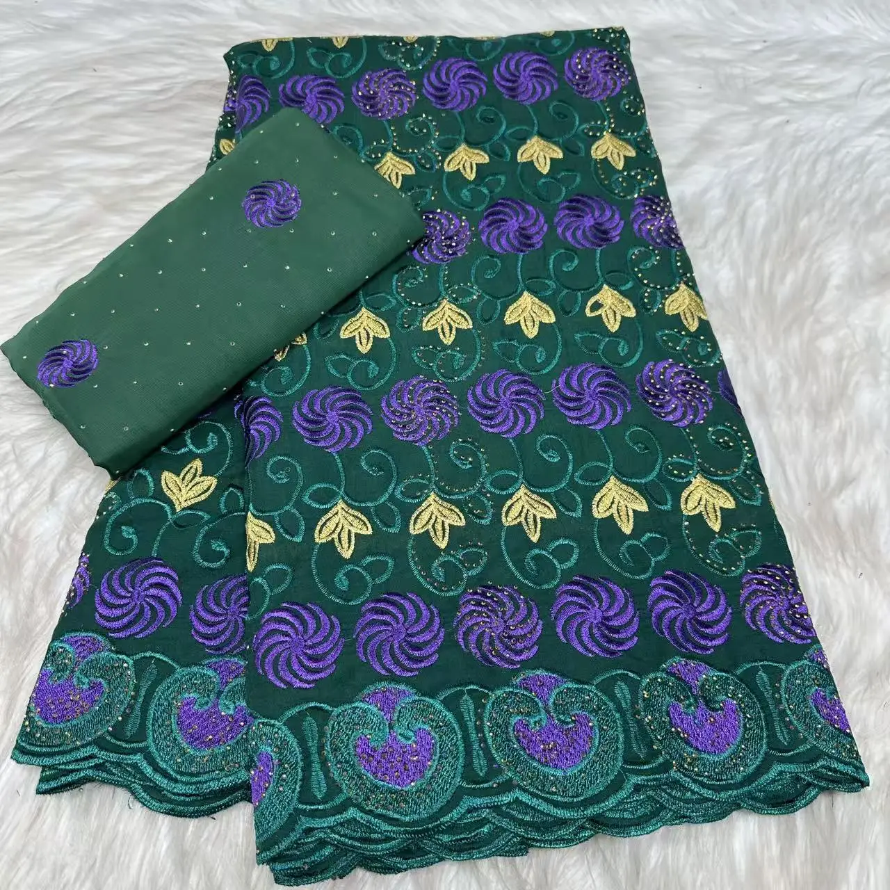 

5+2 Yards Latest Green African Nigerian Cotton Lace Fabric 2026 High Quality Stones Swiss Voile Lace Fabric With Scarf KYC2612