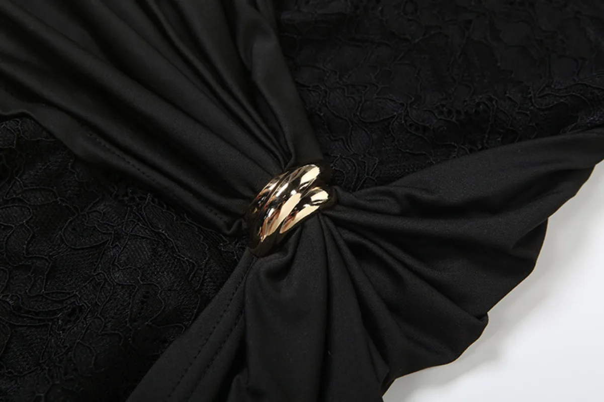 Metal Buckle Ruched Patchwork See Through Lace Jumpsuits Women Sexy Turtleneck Hollow Out Sleeveless Slim Club Party Overalls