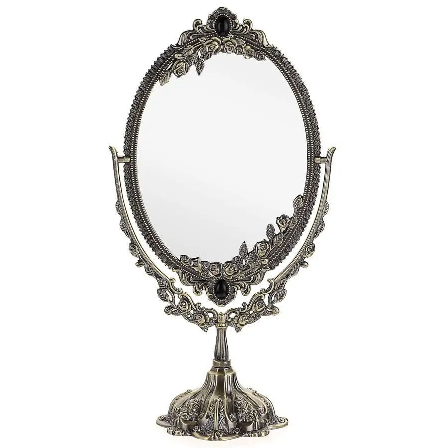 

Metal Tabletop Antique Decorative Makeup Mirror with Stand, Vintage Swivel Double Sided Cosmetic Mirror with Frame, Retro Deskto