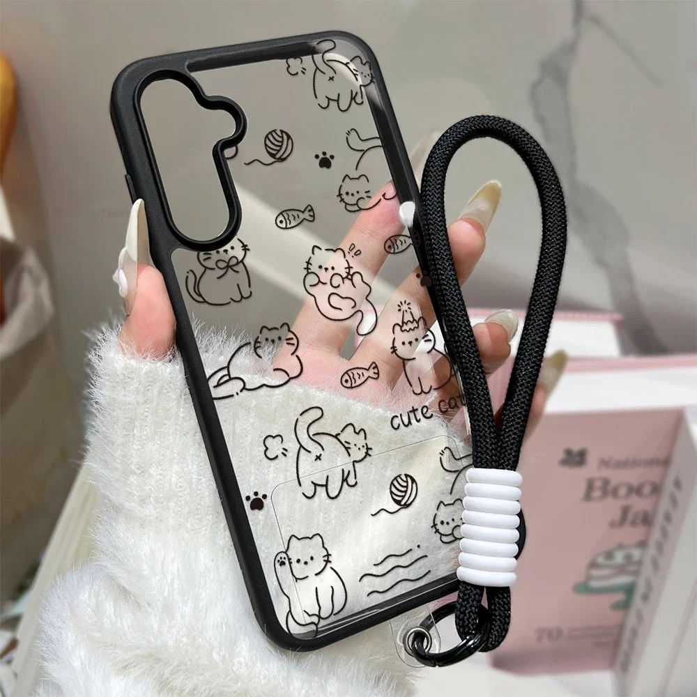 Cartoon Cat Phone Case For Samsung Galaxy A56 5G A16 A17 A57 A37 A36 A55 A26 A07 A16 S25 S26 Ultra S24 FE S23 Wrist Strap Cover